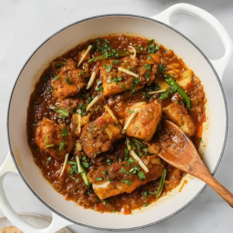Close-up of a white pot filled with fish curry, garnished with ginger, green chilies, and cilantro.