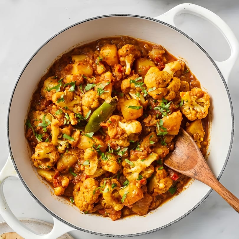 A white pot filled with cauliflower and potato curry, garnished with cilantro and a green chili.