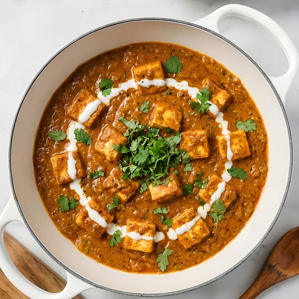Paneer butter masala, garnished with cream and cilantro, in a white cast iron pan.