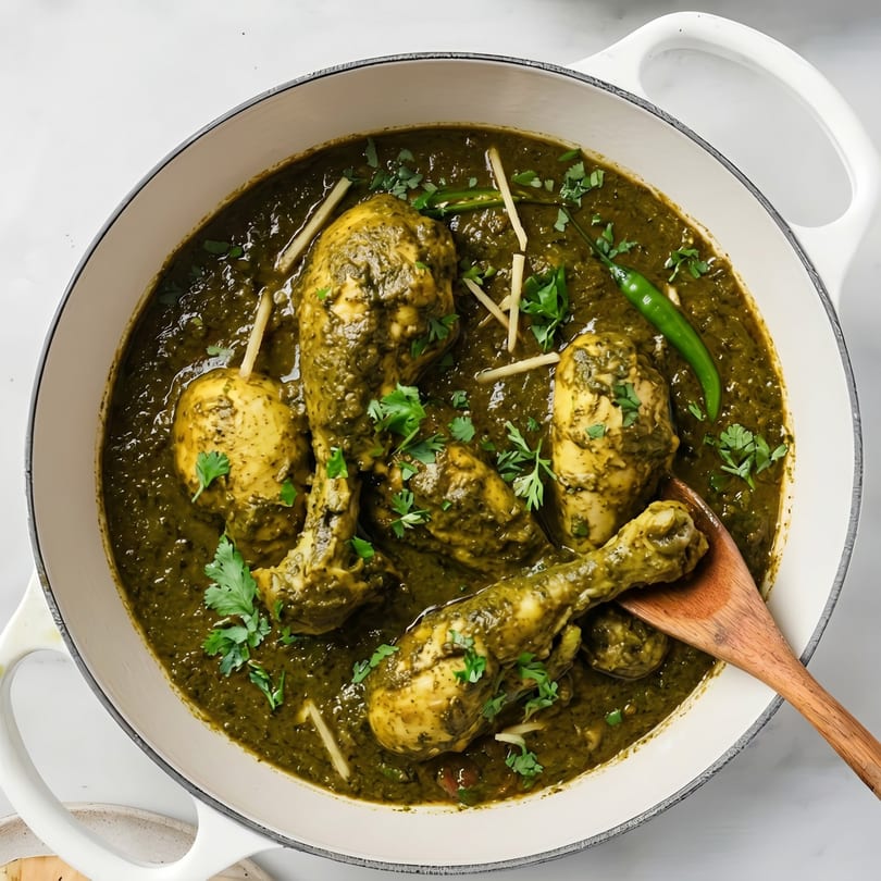 Chicken drumsticks and thighs in a rich green spinach curry, garnished with cilantro and ginger.