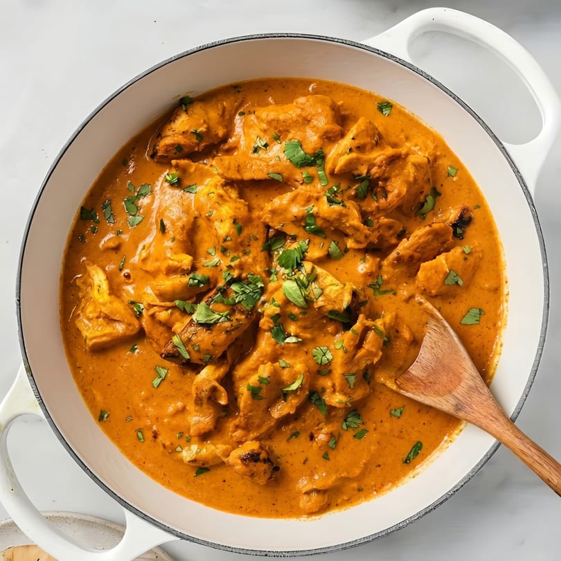 Chicken tikka masala in a white pot with a wooden spoon, garnished with fresh cilantro.