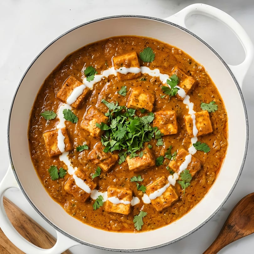 Paneer butter masala in a white pan, garnished with cream and cilantro.