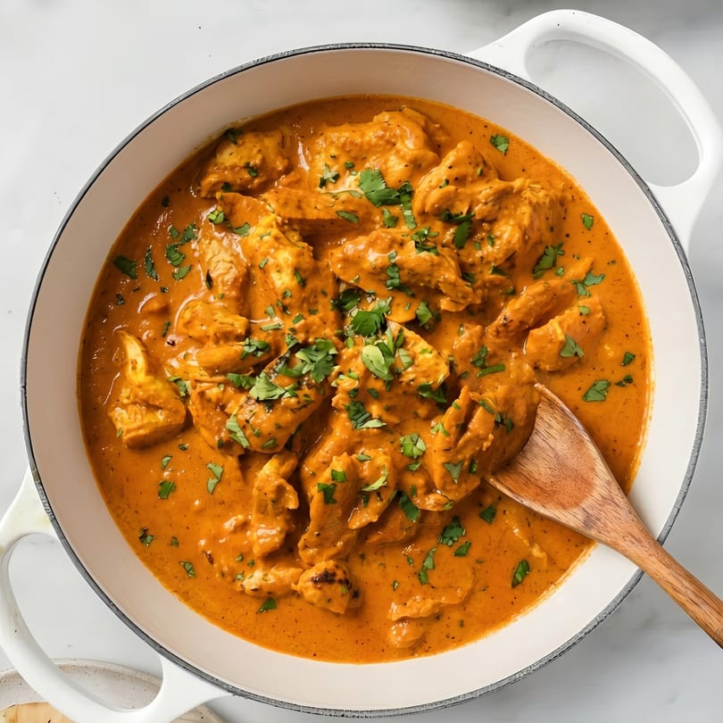 Chicken tikka masala in a white pot with a wooden spoon, garnished with fresh cilantro.