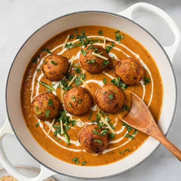 Malai Kofta, golden fried potato and paneer balls in a rich, creamy orange gravy, garnished with cilantro.